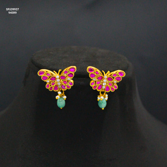 Jadau Kundan Butterfly Earrings with Green Beads & Screwback SP-39937