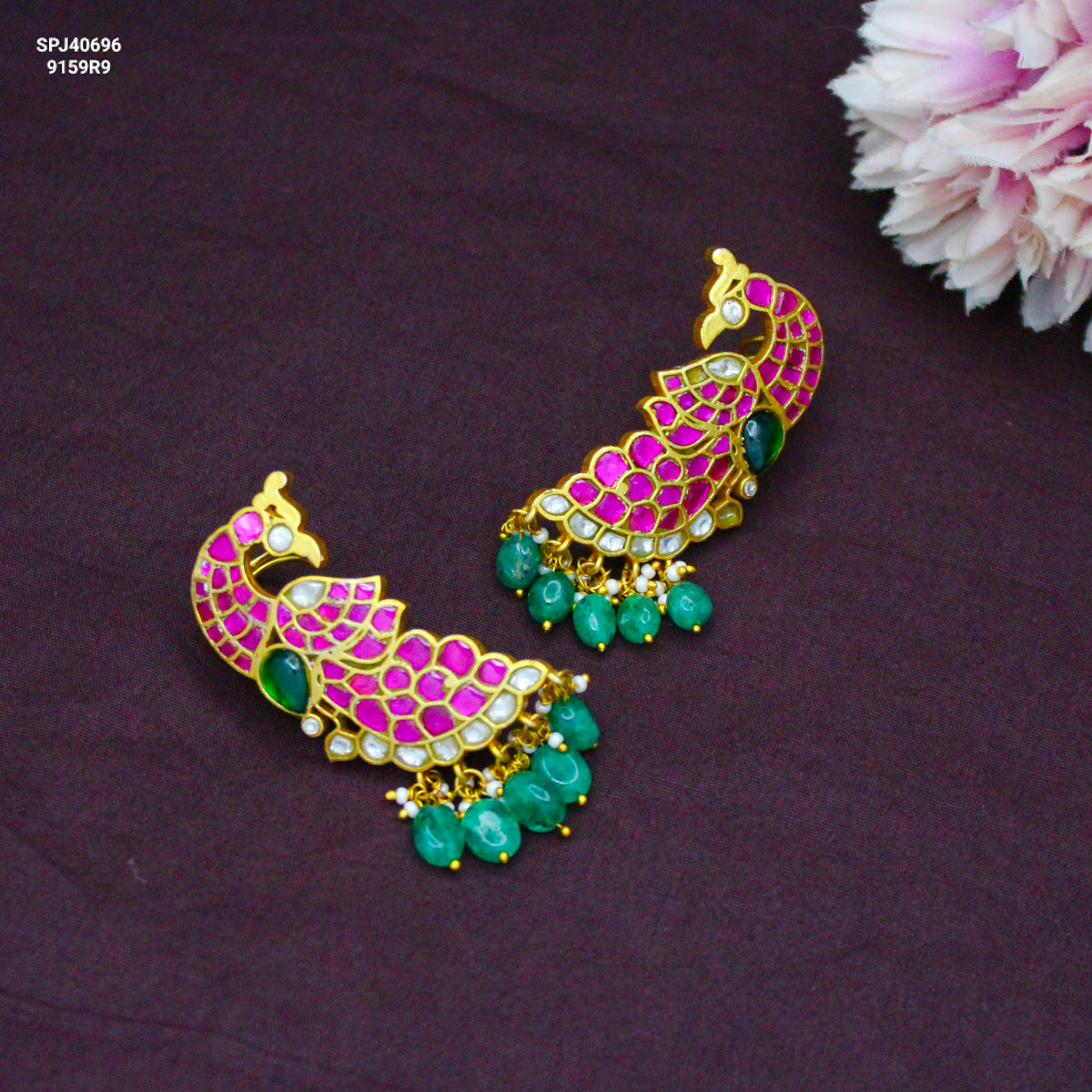 Jadau Kundan Multi Peacock Ear Cuff Screw Back And Green Beads 40696