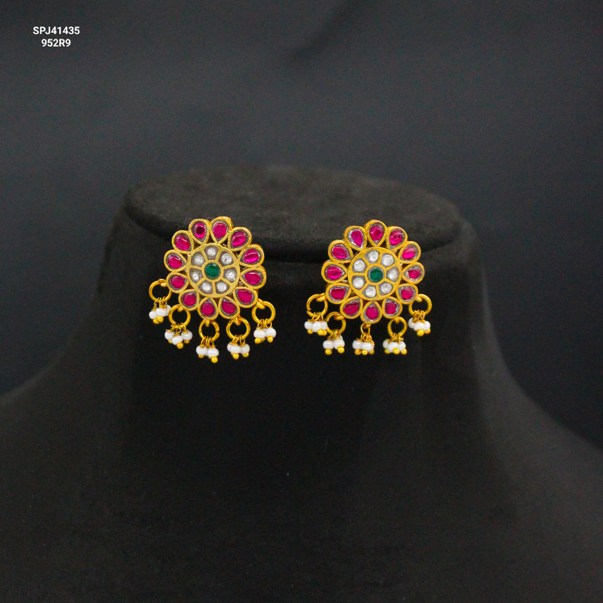 Jadau Kundan Multi Flower Studs With White Pearls And Screw Back Earrings 41435