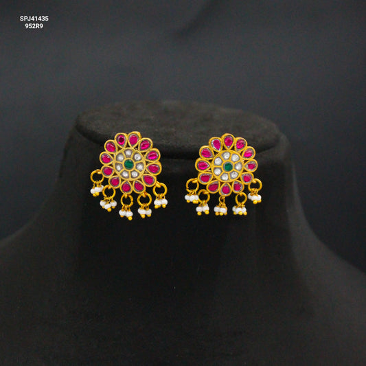 Jadau Kundan Multi Flower Studs With White Pearls And Screw Back Earrings 41435