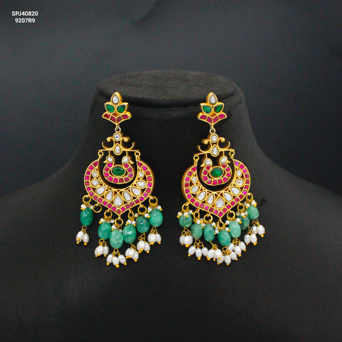 Jadau Kundan Multi Big Chandbali With Screw Back and Green Beads 40820
