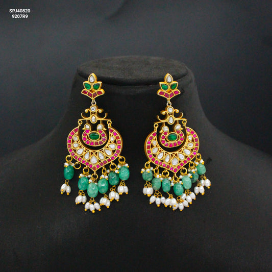 Jadau Kundan Multi Big Chandbali With Screw Back and Green Beads 40820