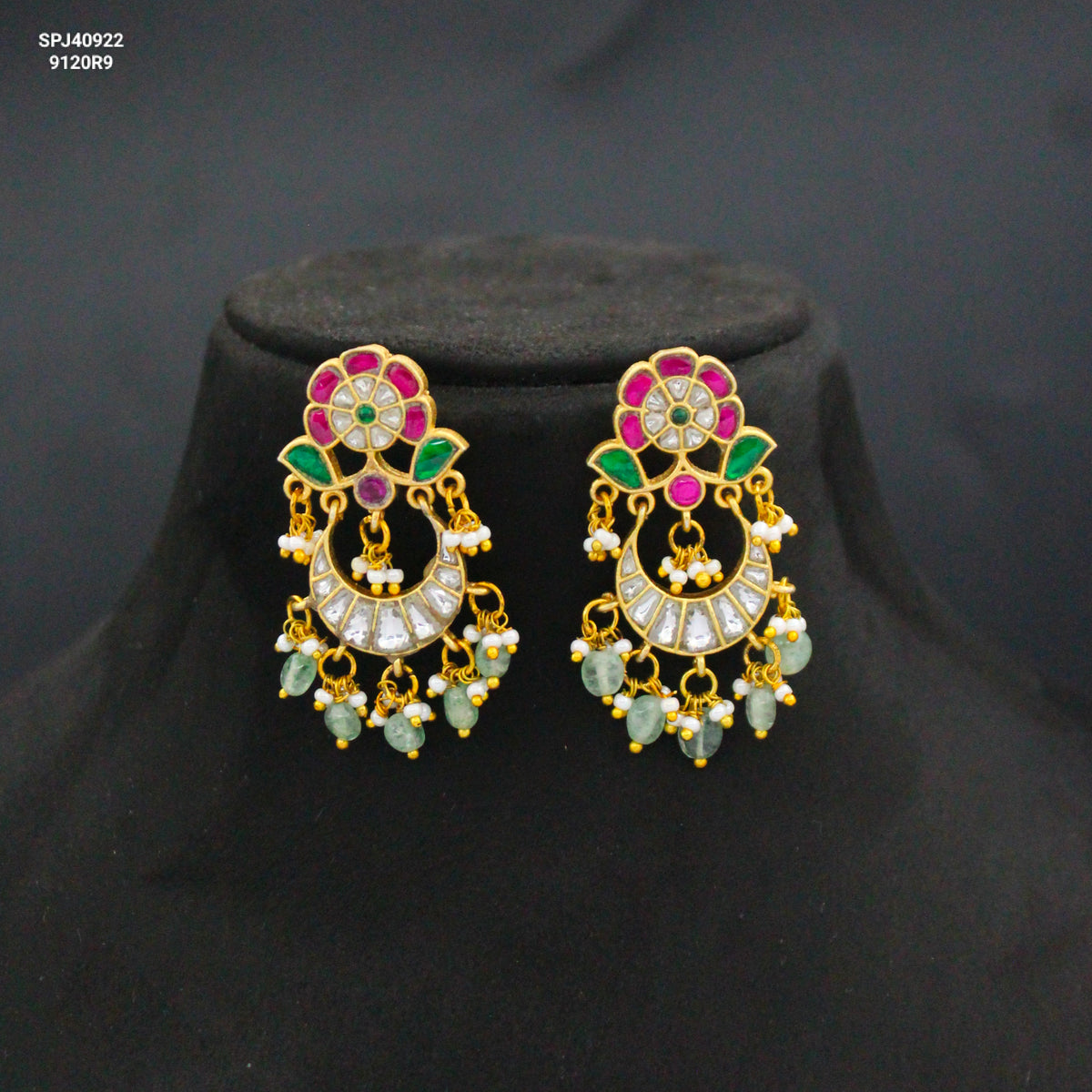 Jadau Kundan Multi & White Chandbali With Screw Back and Green Beads 40922