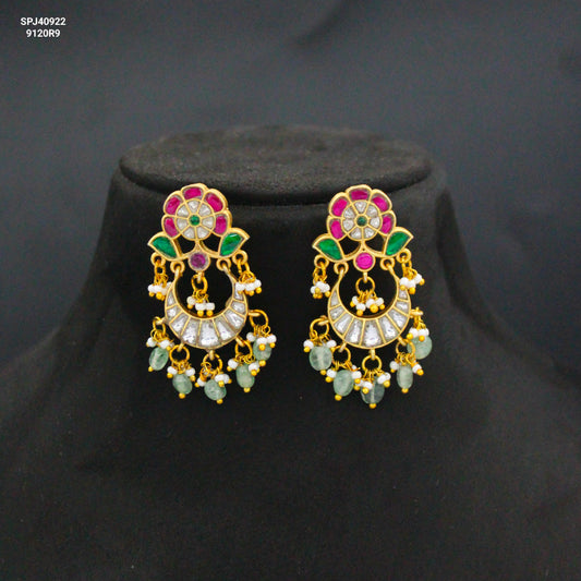Jadau Kundan Multi & White Chandbali With Screw Back and Green Beads 40922