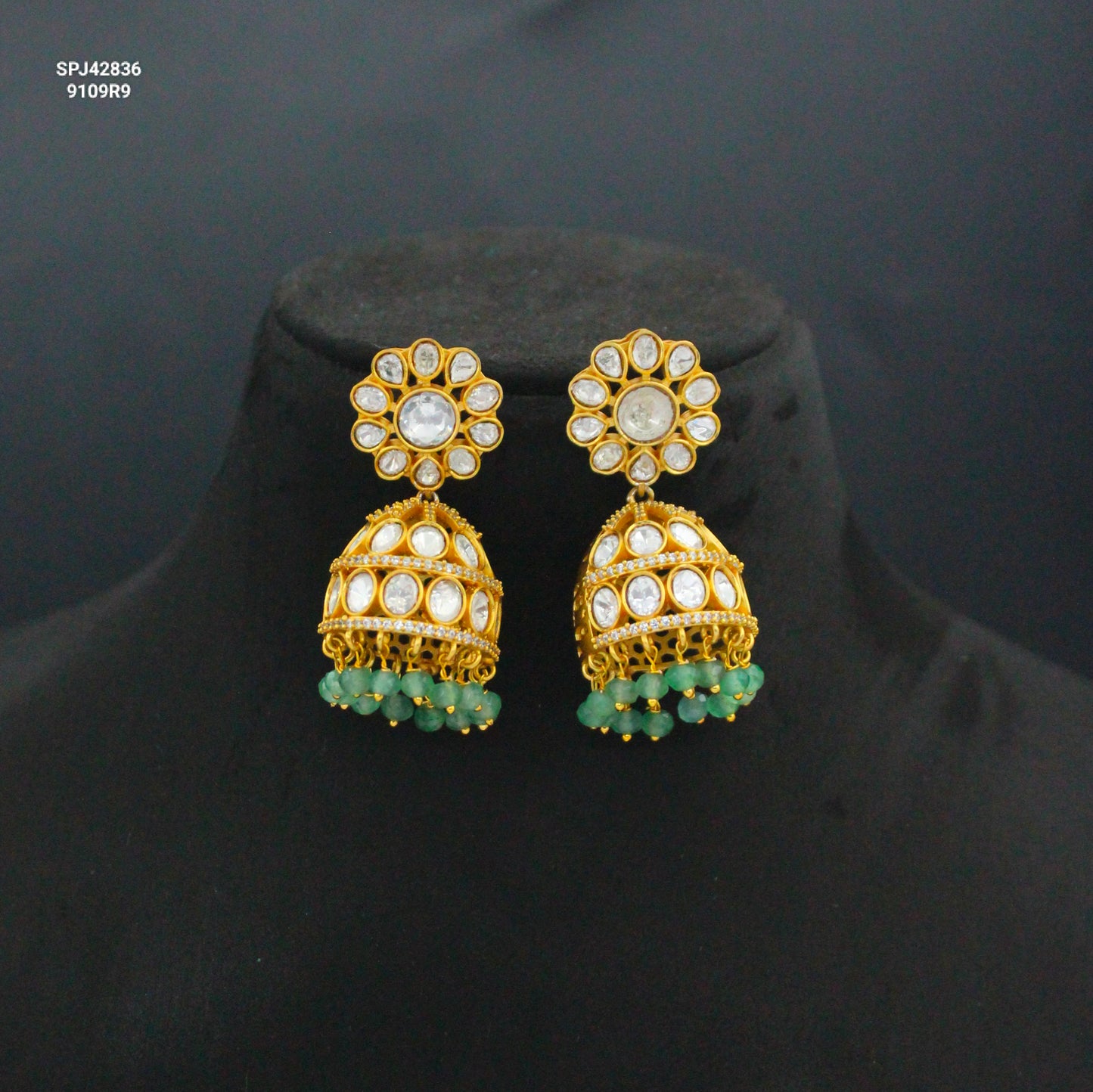 Victorian Moissanite Jhumki With Onex Green Beads & Screw Back 42836