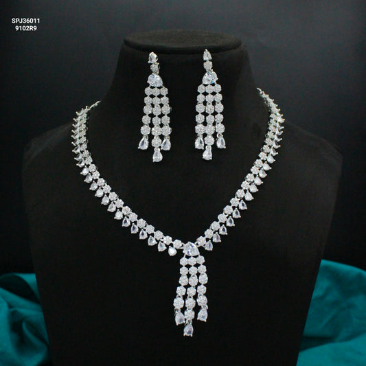 Platinum Full White Single-Line Hanging Necklace Set with Pushback Earrings SP-36011