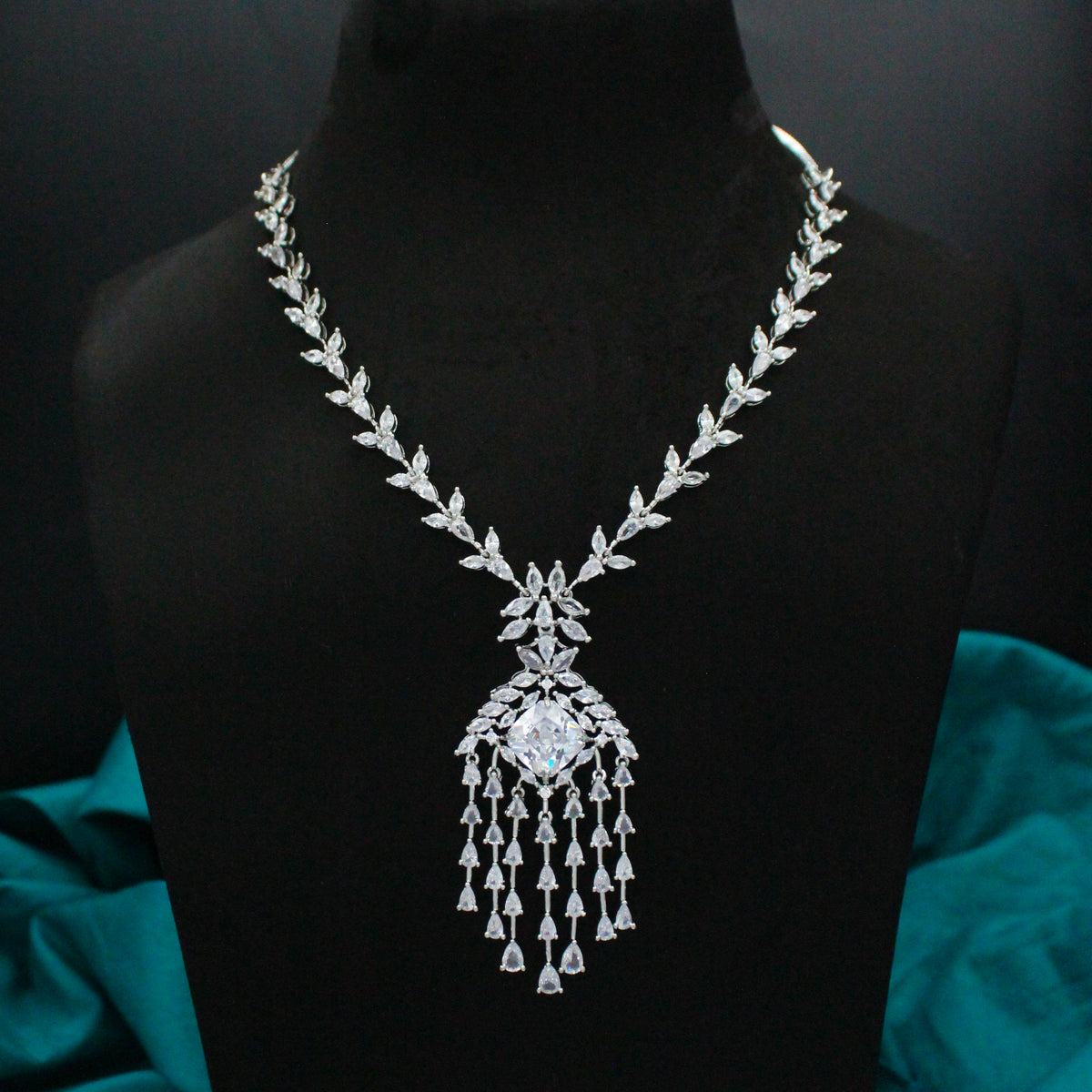Platinum Full White Hanging Short Necklace Set with Pushback Earrings SP-38876