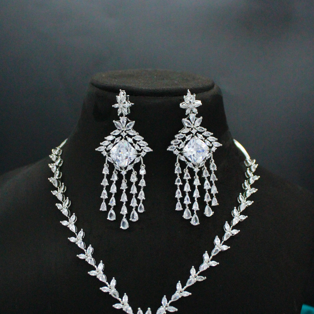 Platinum Full White Hanging Short Necklace Set with Pushback Earrings SP-38876