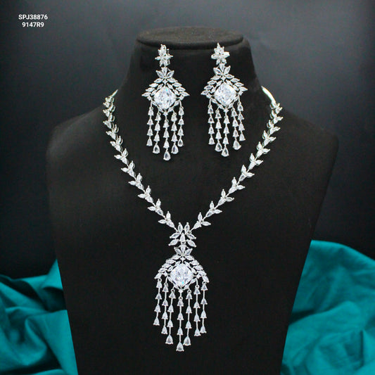 Platinum Full White Hanging Short Necklace Set with Pushback Earrings SP-38876