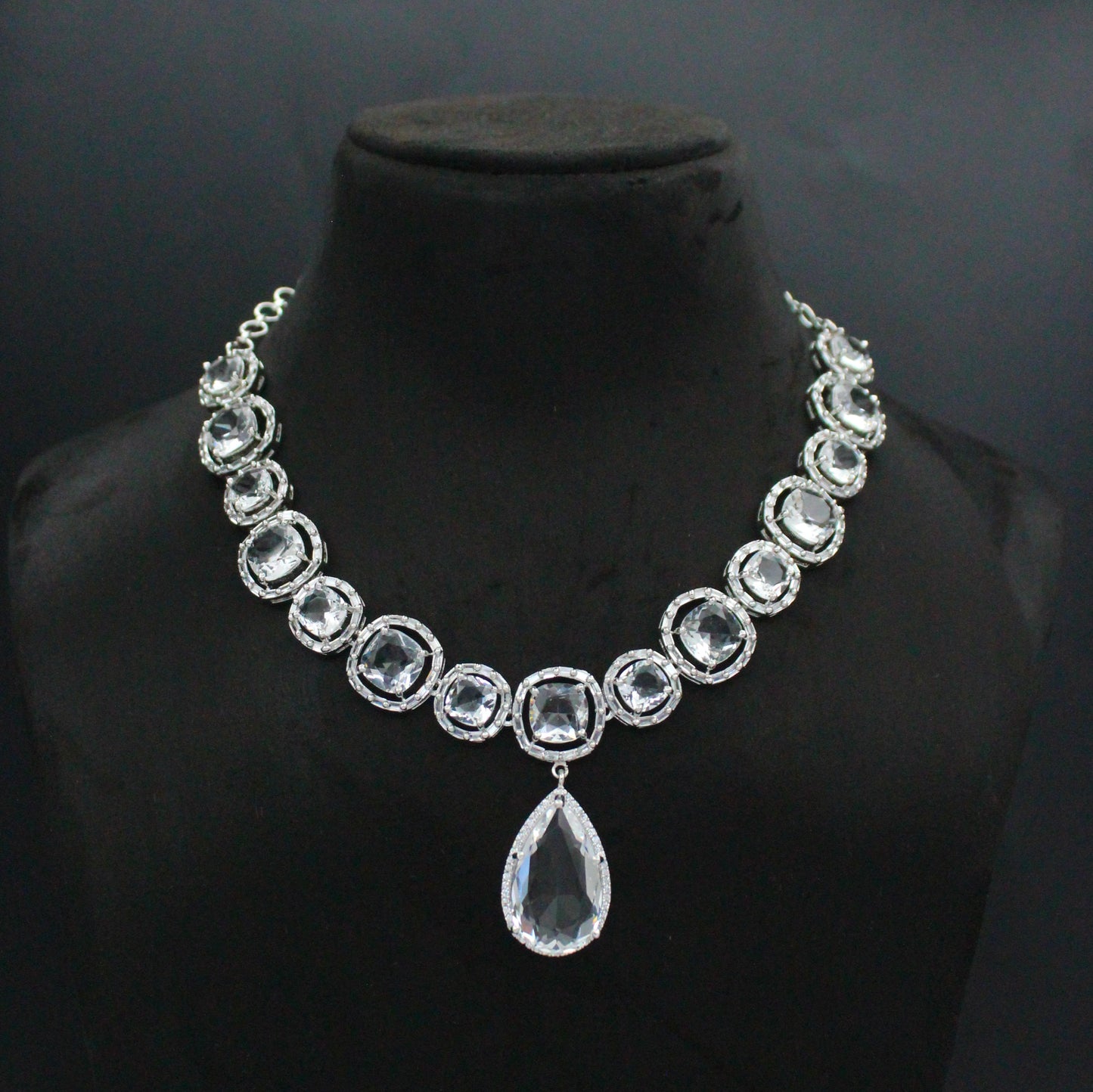 Full White Short Platinum Drop   Necklace Set With Push Back Earrings 37595