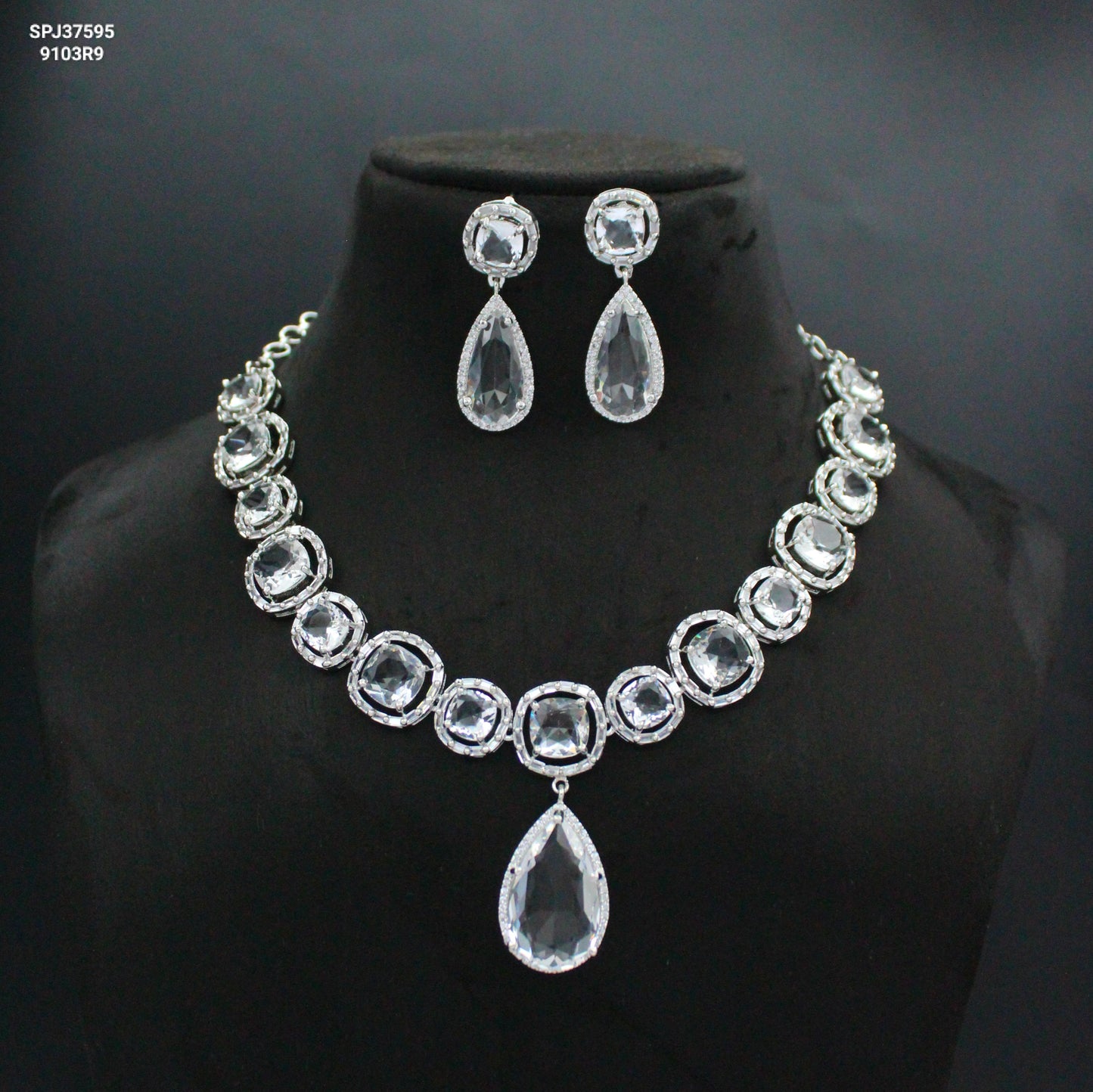 Full White Short Platinum Drop   Necklace Set With Push Back Earrings 37595