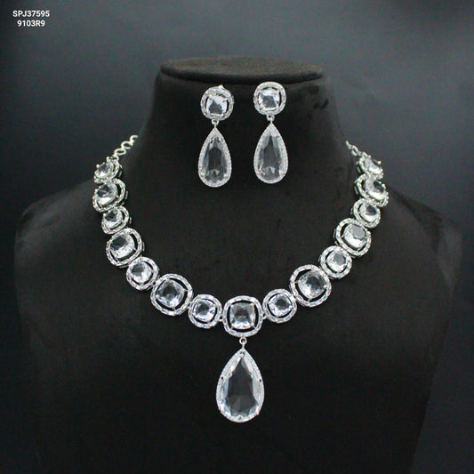 Platinum Full White Drop Short Necklace Set with Pushback Earrings SP-37595