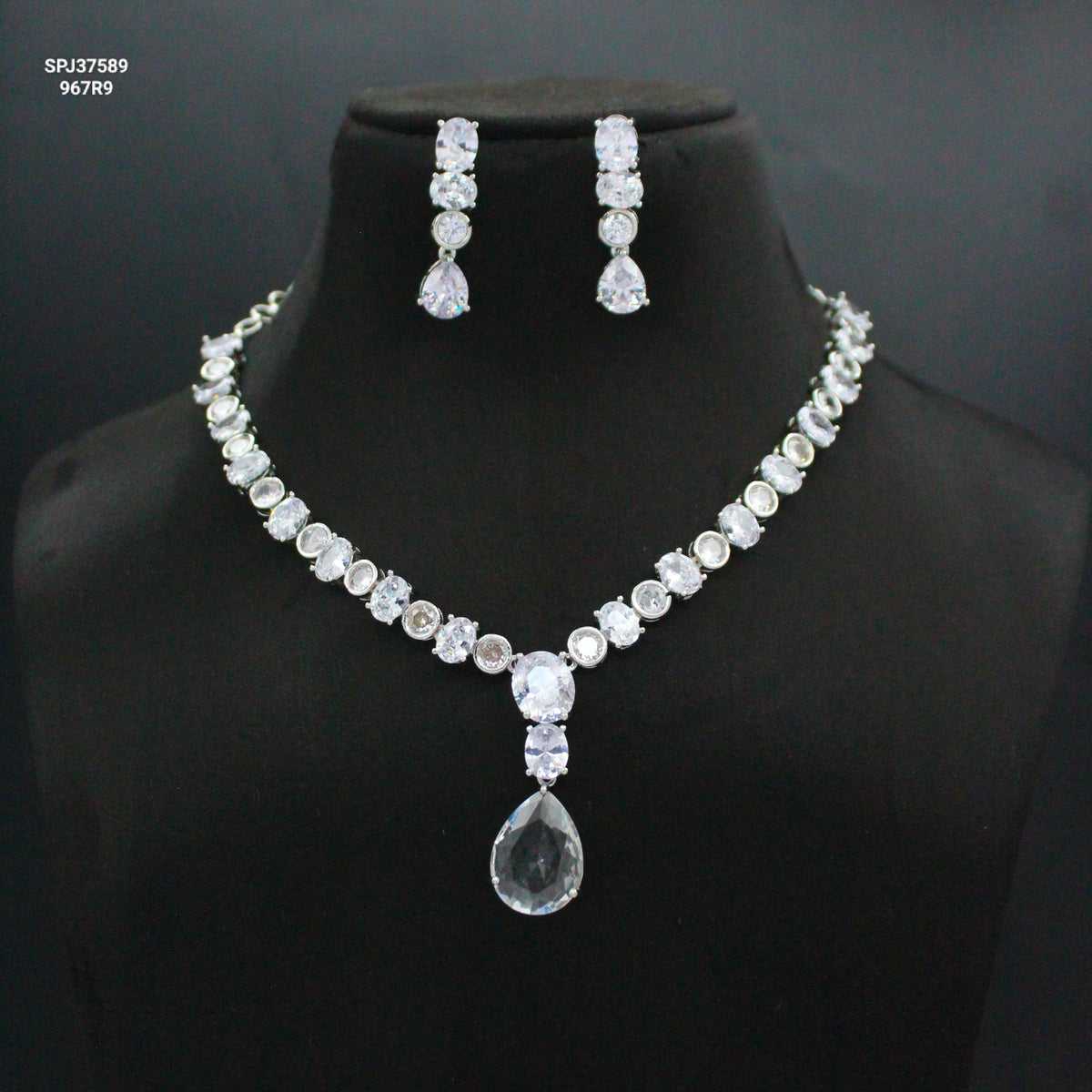Platinum Full White Short Necklace Set with Pushback Earrings SP-37589