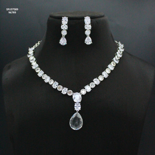 Platinum Full White Short Necklace Set with Pushback Earrings SP-37589
