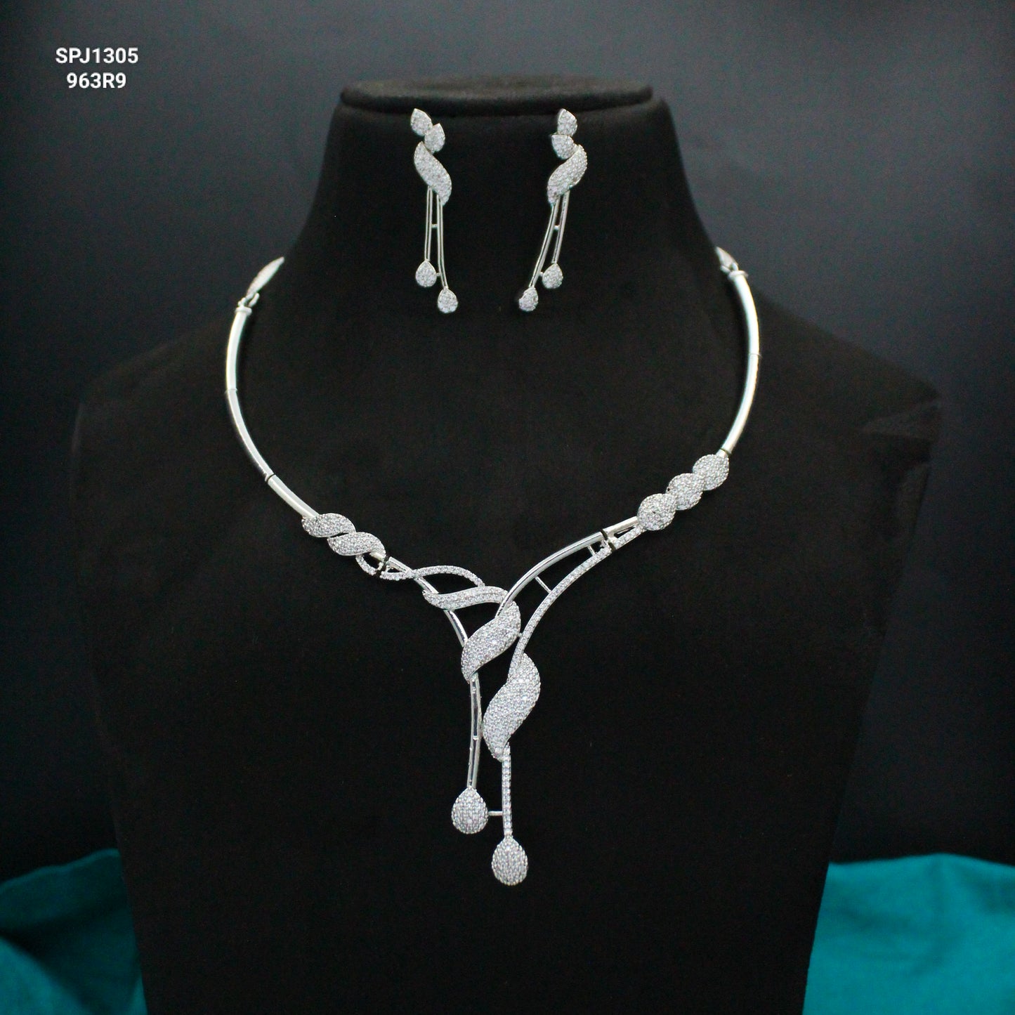 Full White Platinum AD Fancy Drop Necklace Set With Push Back Earrings 1305 / 1306
