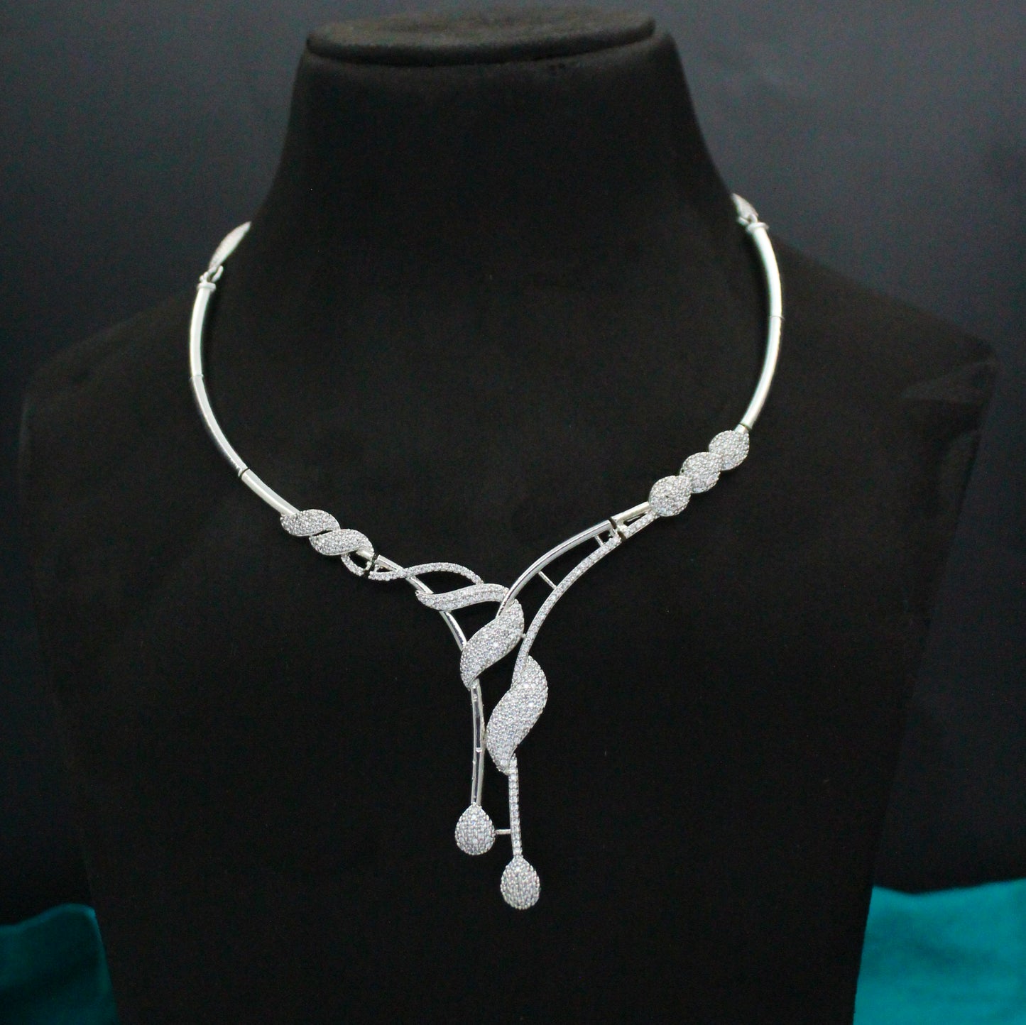 Full White Platinum AD Fancy Drop Necklace Set With Push Back Earrings 1305 / 1306