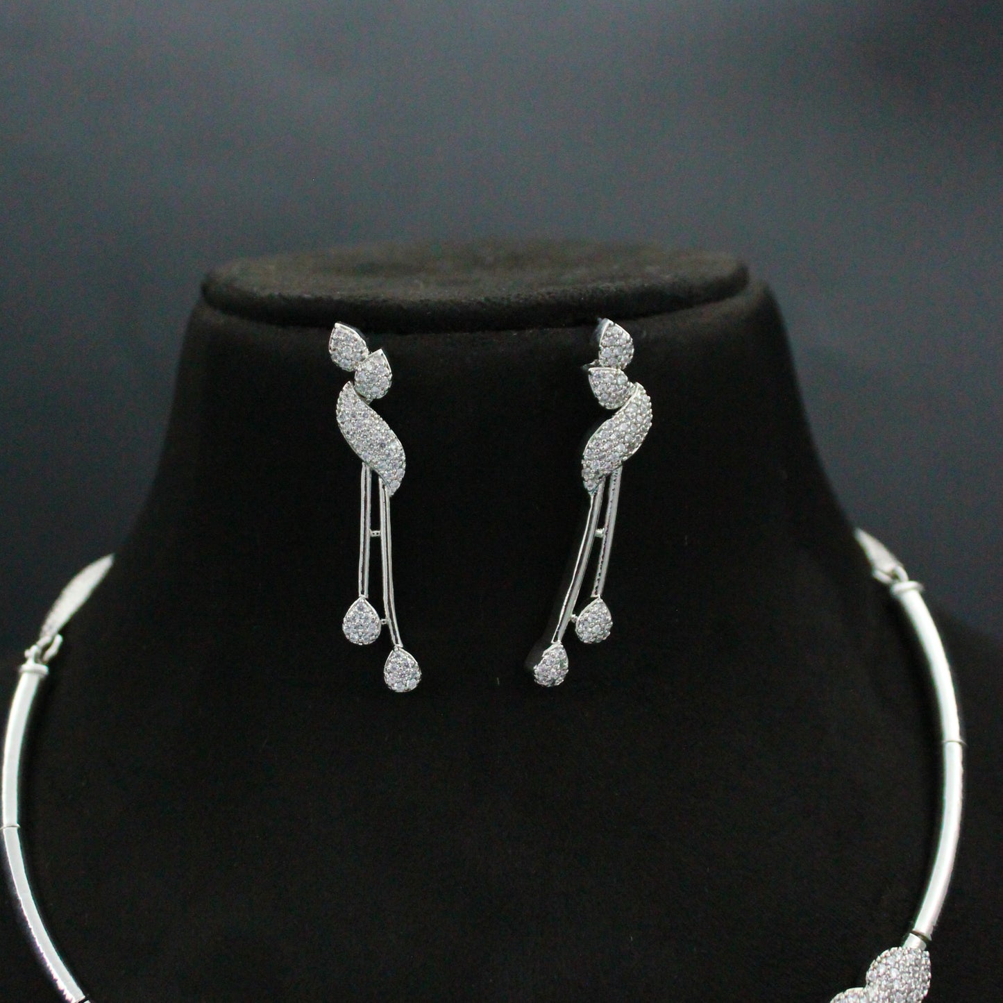 Full White Platinum AD Fancy Drop Necklace Set With Push Back Earrings 1305 / 1306