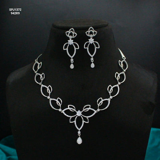 Platinum AD Floral Lightweight Necklace Set with Pushback Earrings SP-1372