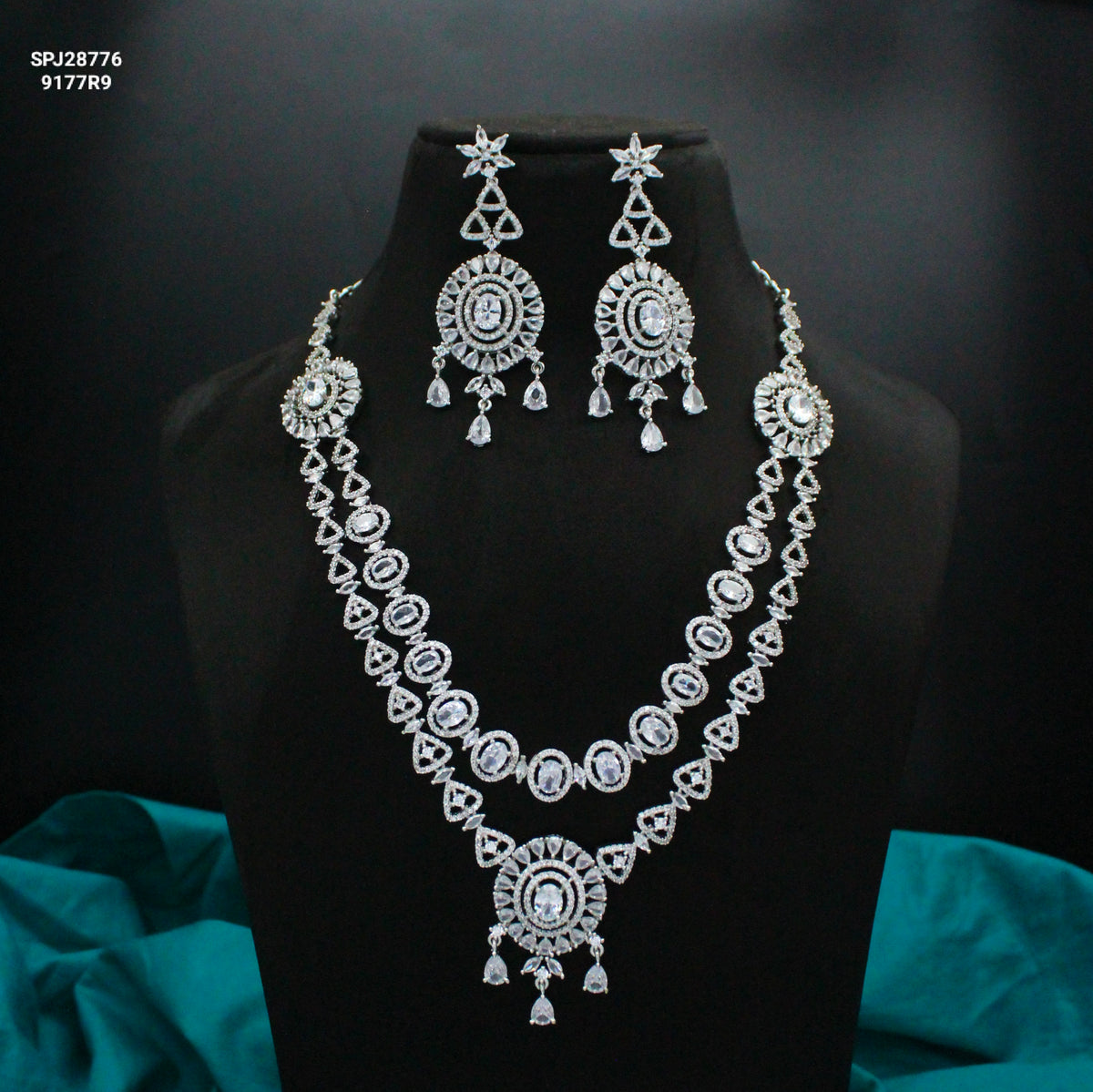 Platinum Full White 2-Layer Necklace Set with Pushback Earrings & Maang Tikka SP-28776