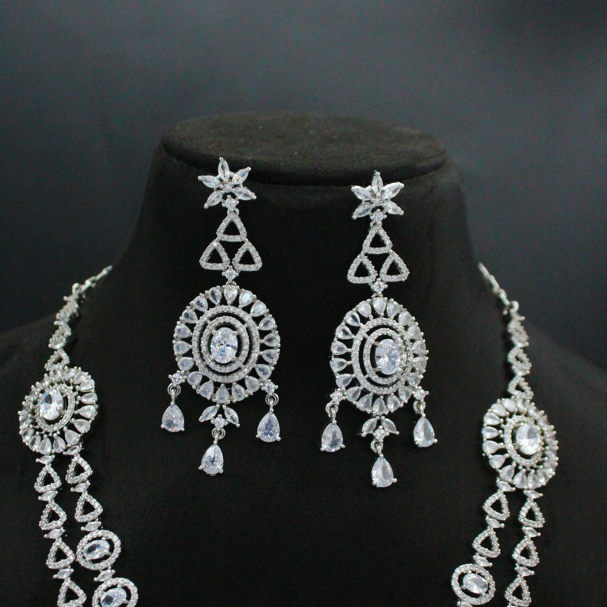 Platinum Full White 2-Layer Necklace Set with Pushback Earrings & Maang Tikka SP-28776