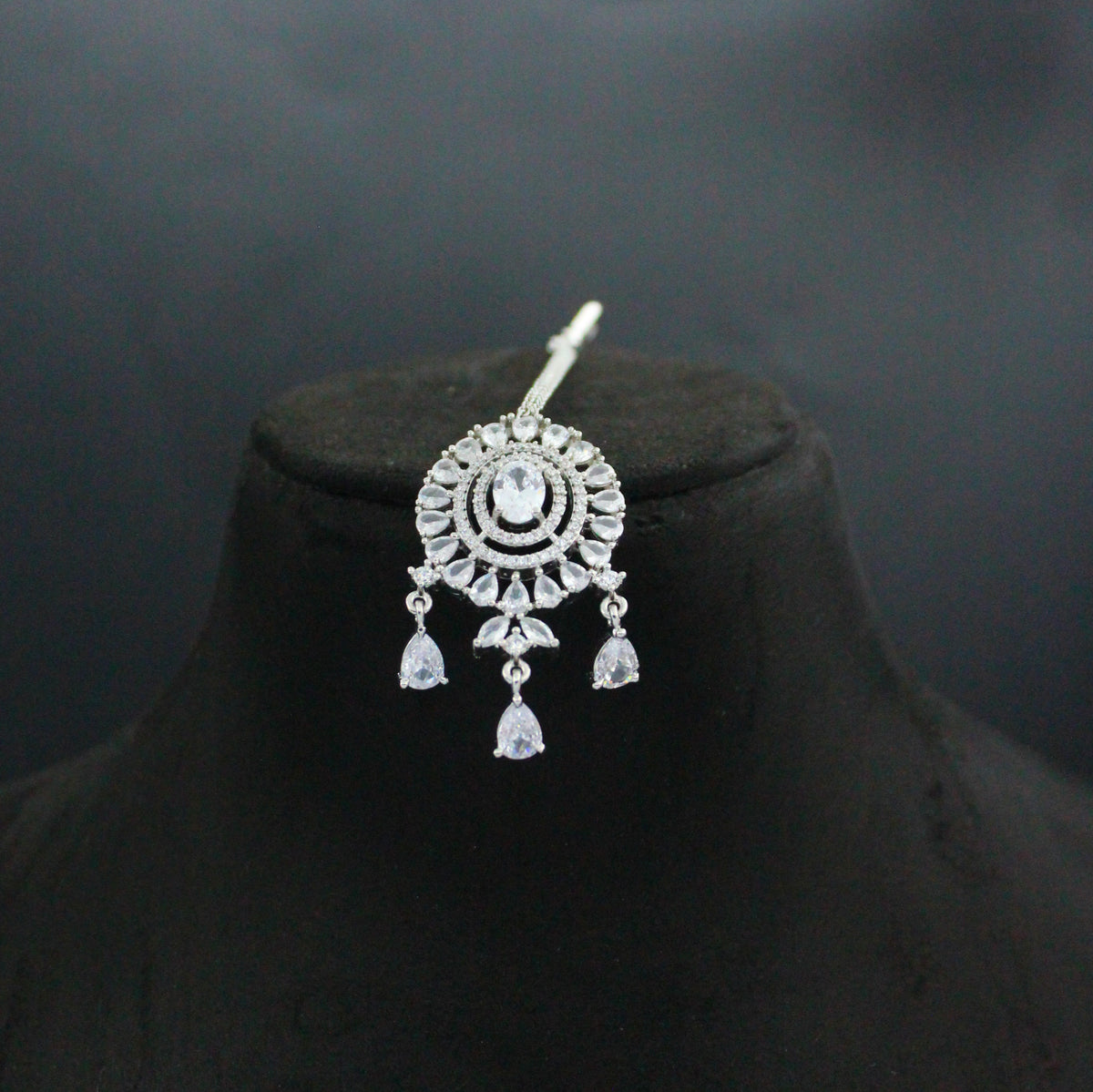 Platinum Full White 2-Layer Necklace Set with Pushback Earrings & Maang Tikka SP-28776