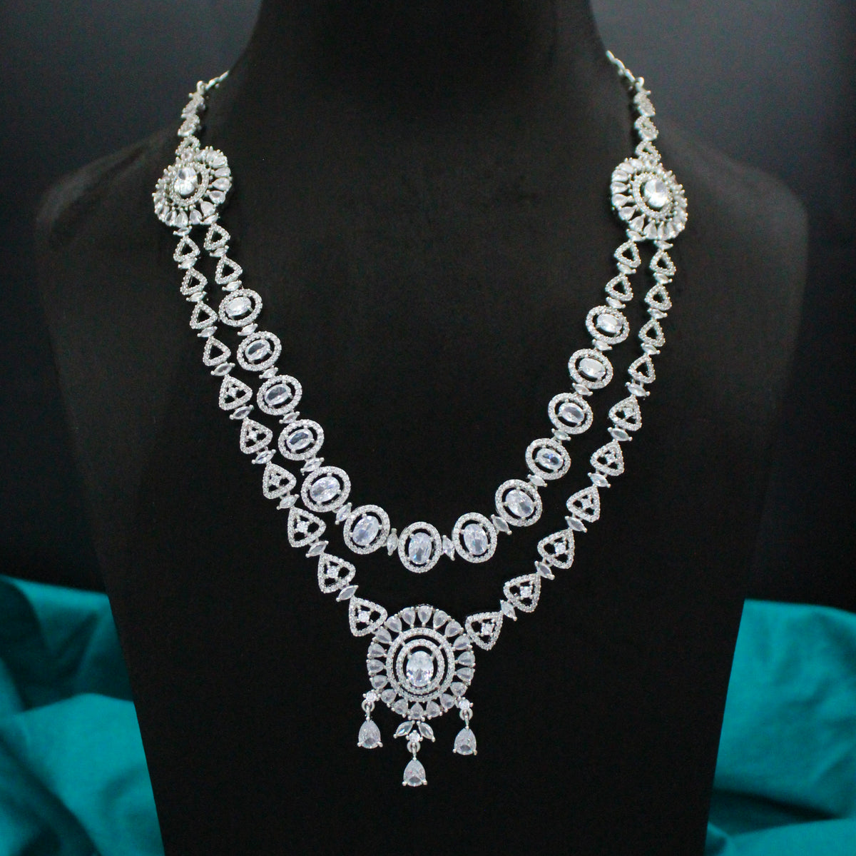 Platinum Full White 2-Layer Necklace Set with Pushback Earrings & Maang Tikka SP-28776