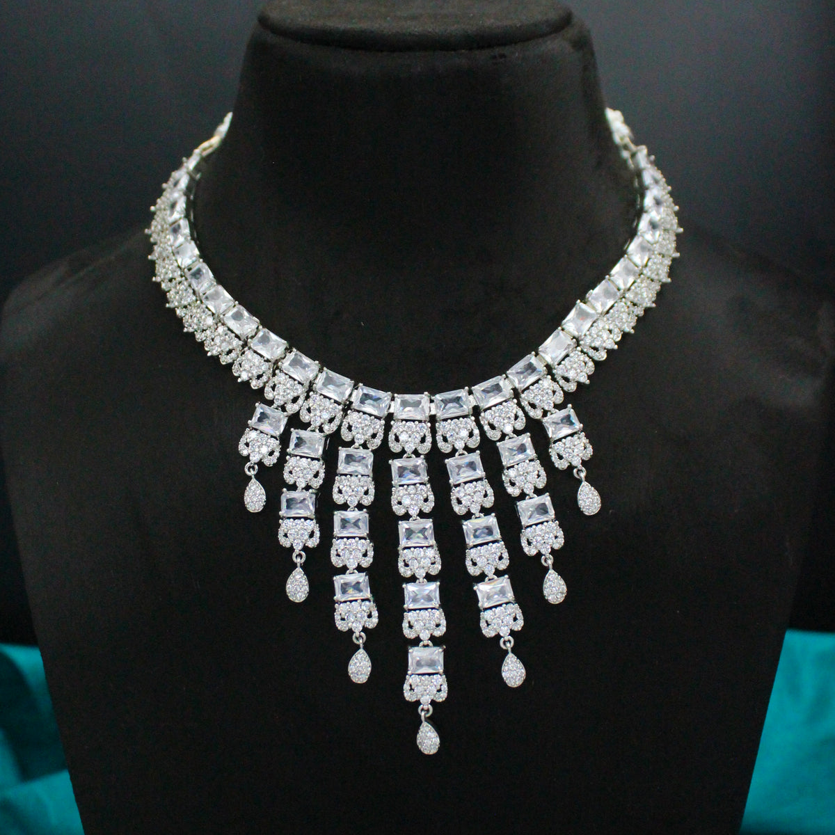 Platinum Full White Square Stone Short Necklace Set with Pushback Earrings SP-16273