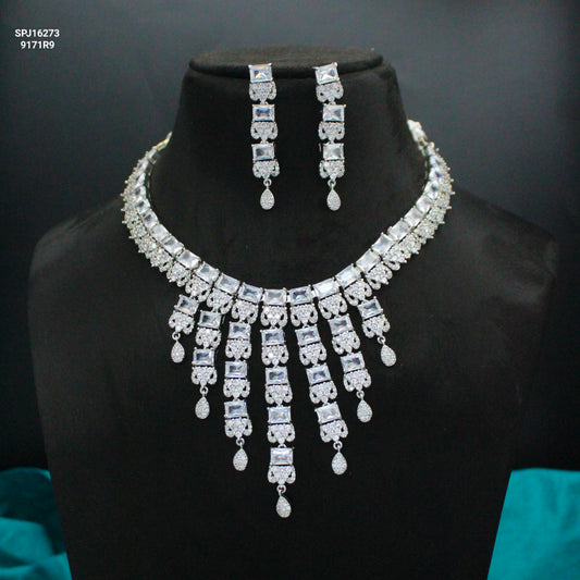 Platinum Full White Square Stone Short Necklace Set with Pushback Earrings SP-16273