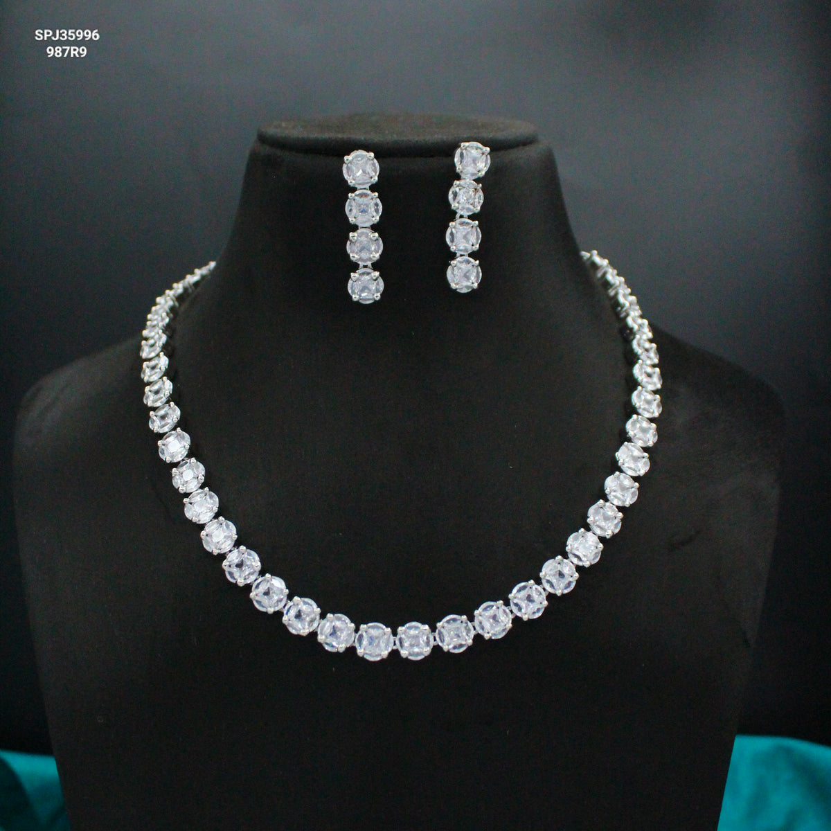 AD Full White Round Single-Line Necklace Set with Pushback Earrings SP-35996