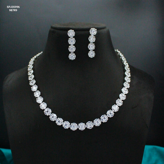 AD Full White Round Single-Line Necklace Set with Pushback Earrings SP-35996