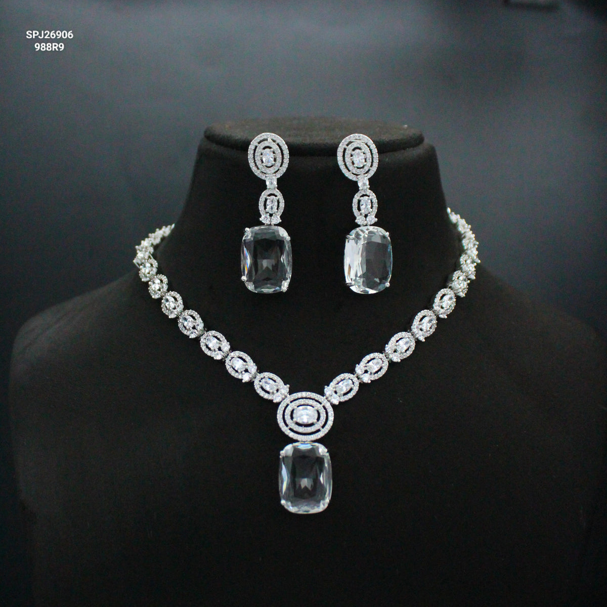 Platinum Full White Square Short Necklace Set with Pushback Earrings SP-26906