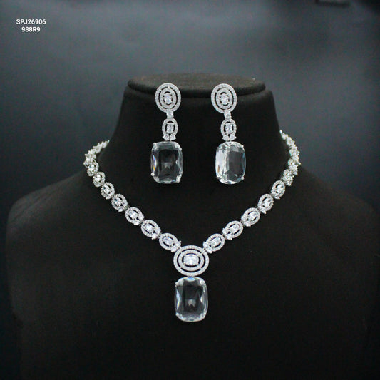 Platinum Full White Square Short Necklace Set with Pushback Earrings SP-26906