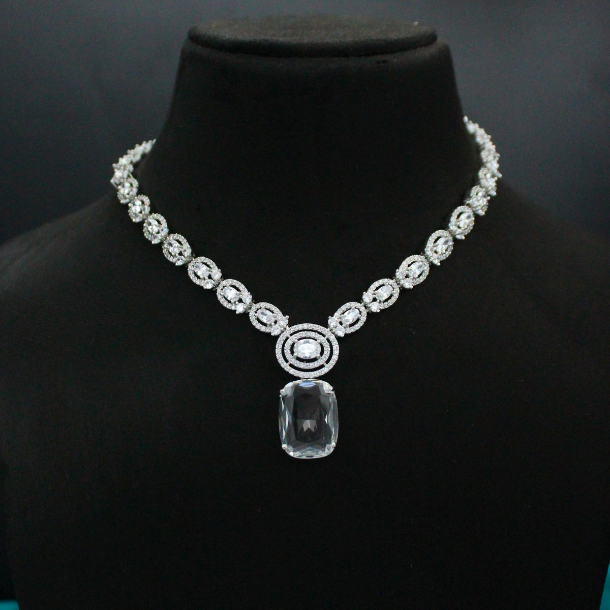 Platinum Full White Square Short Necklace Set with Pushback Earrings SP-26906
