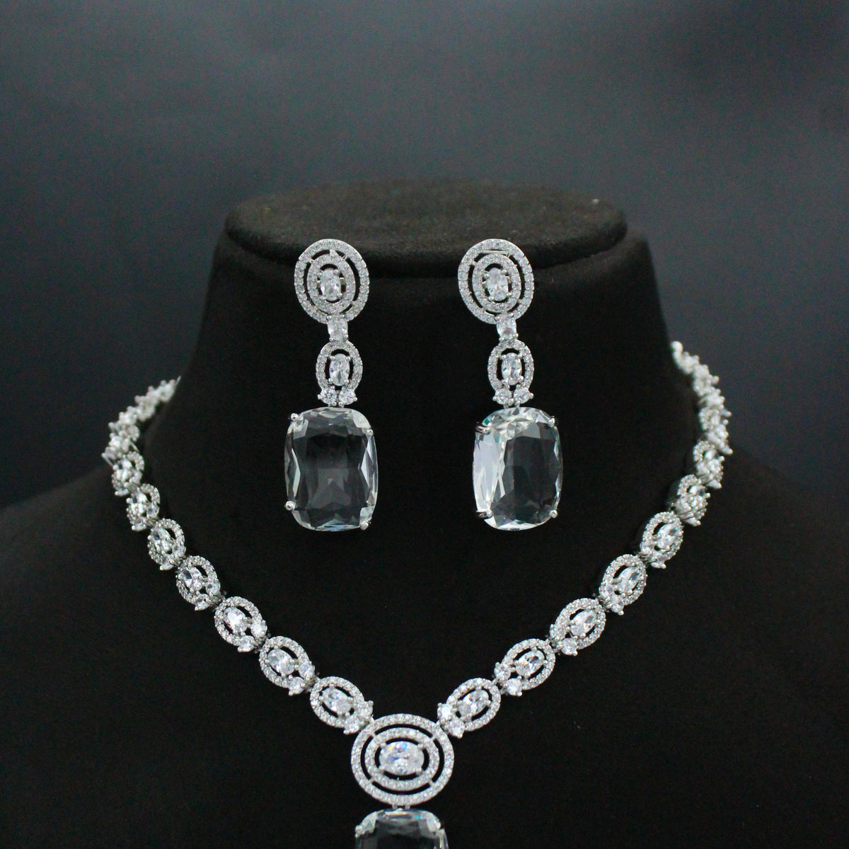 Platinum Full White Square Short Necklace Set with Pushback Earrings SP-26906