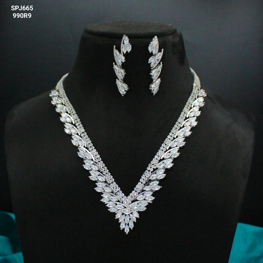 Platinum Full White Leaf Necklace Set with Pushback Earrings SP-6657