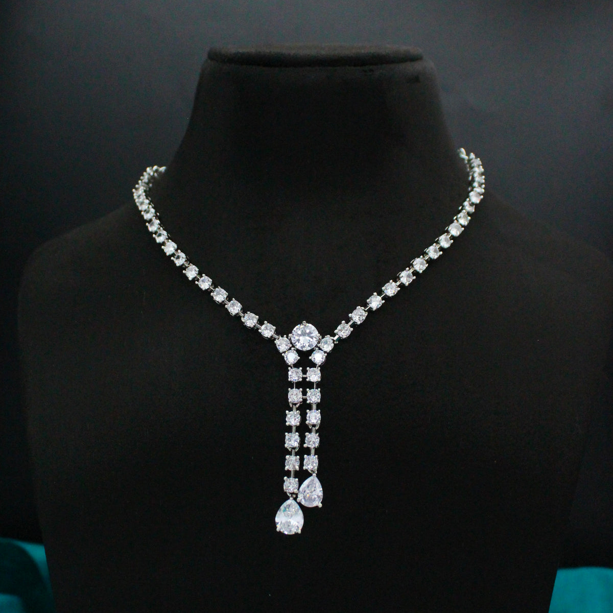 AD Silver Short Drop Necklace Set With Push Back Earrings 41399