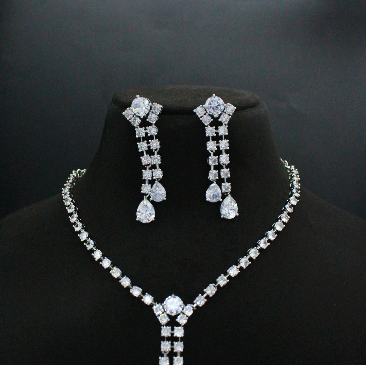 AD Silver Short Drop Necklace Set With Push Back Earrings 41399