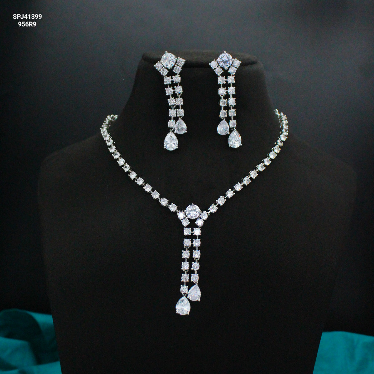 AD Silver Short Drop Necklace Set With Push Back Earrings 41399