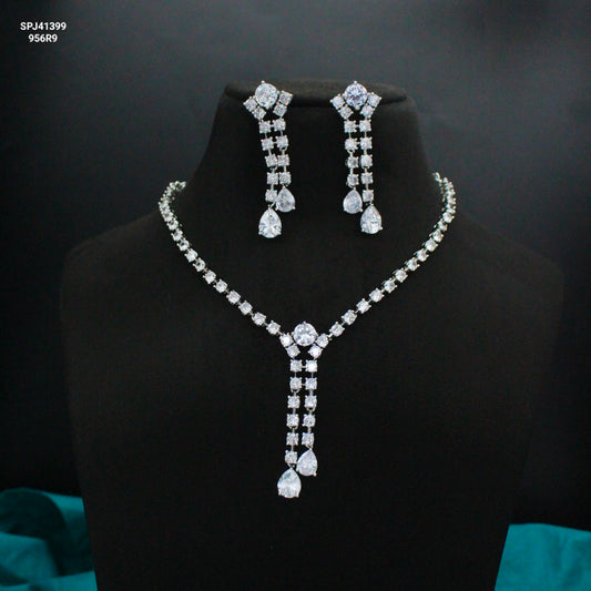 AD Silver Short Drop Necklace Set With Push Back Earrings 41399