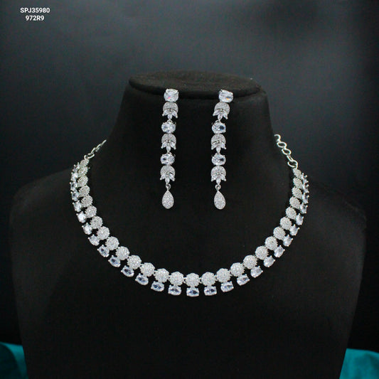 Platinum Full White Short Necklace Set with Pushback Earrings SP-35980