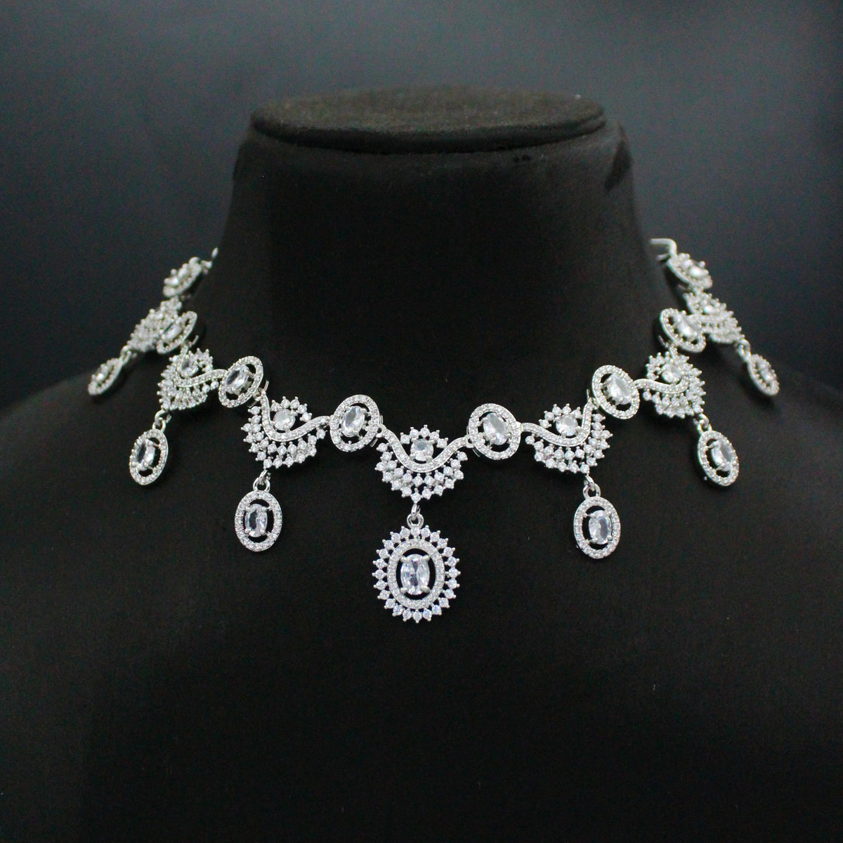 Platinum Full White Fancy Necklace Set with Pushback Earrings SP-36013