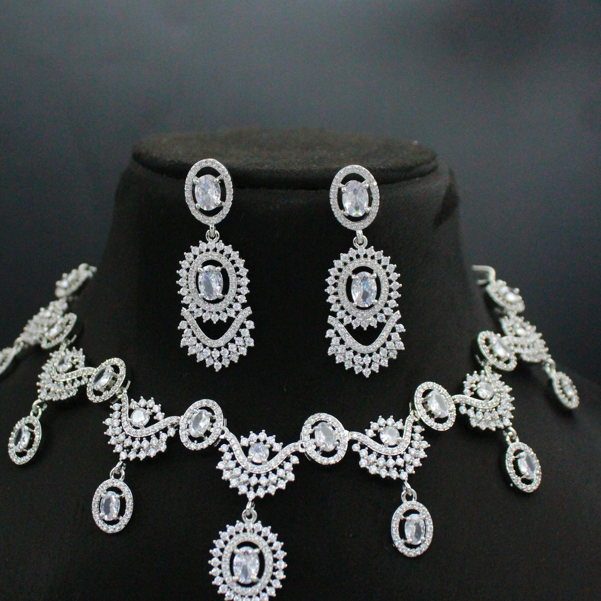 Platinum Full White Fancy Necklace Set with Pushback Earrings SP-36013