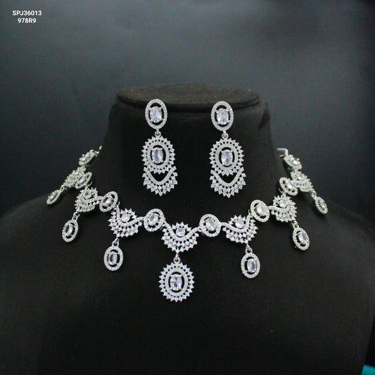 Platinum Full White Fancy Necklace Set with Pushback Earrings SP-36013