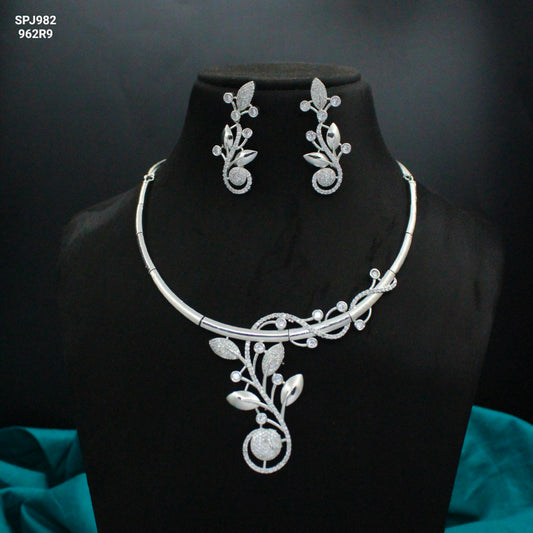 Platinum Fancy Leaf Necklace Set with Pushback Earrings SP-982