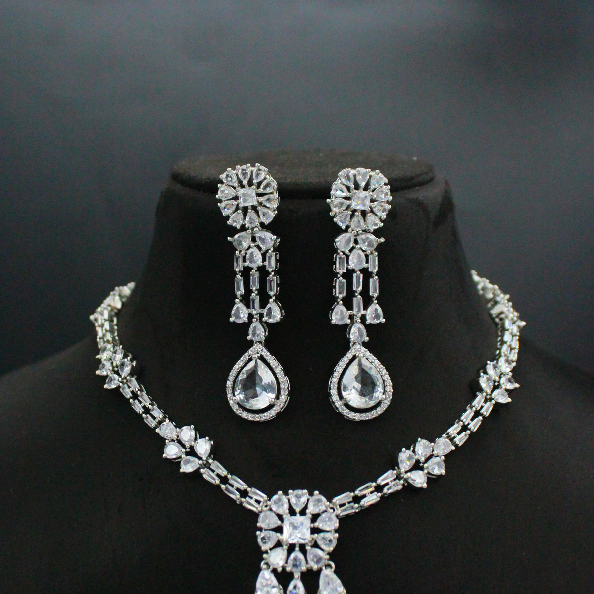 Platinum Full White Drop & Hanging Short Necklace Set with Pushback Earrings SP-28969