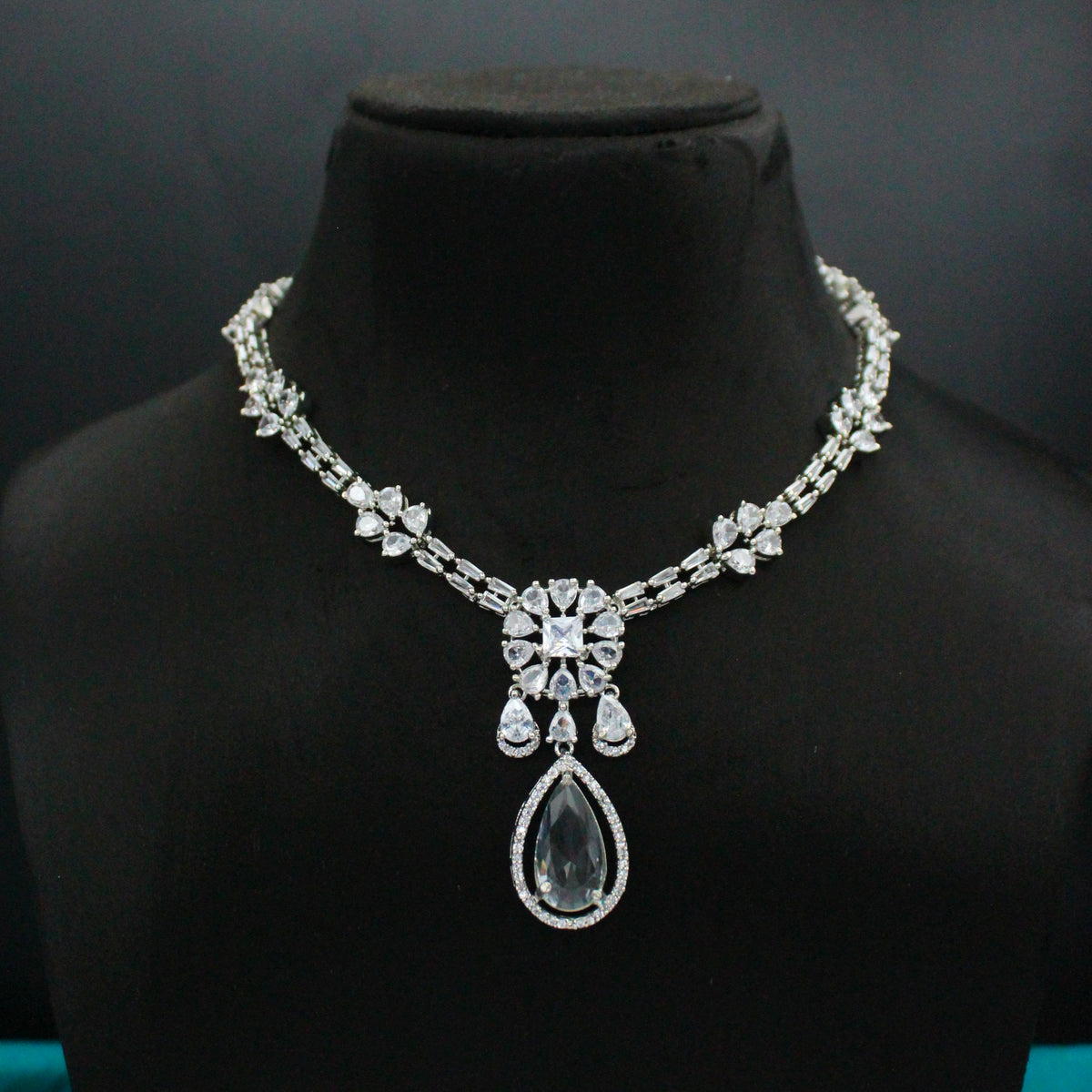 Platinum Full White Drop & Hanging Short Necklace Set with Pushback Earrings SP-28969