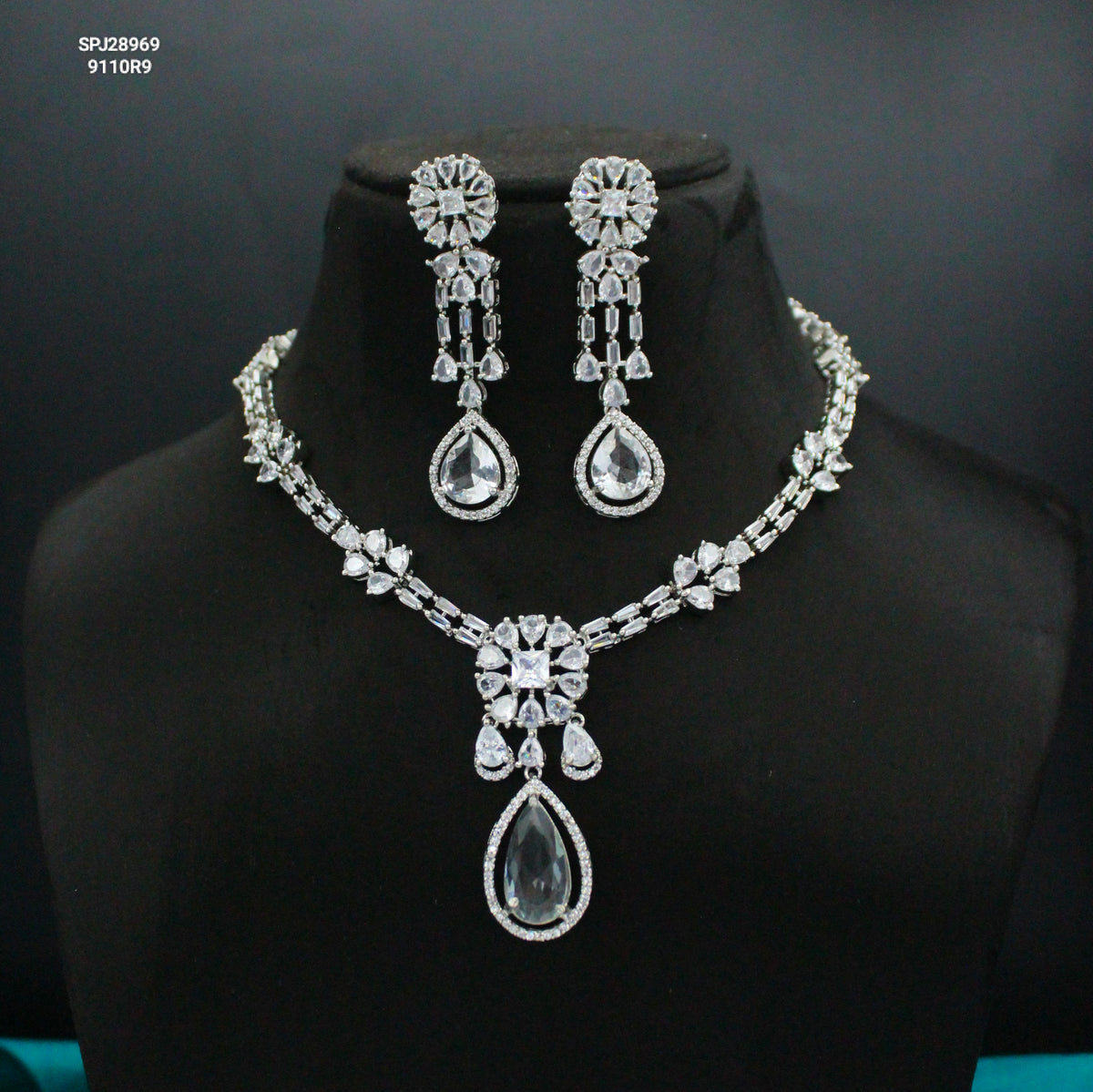 Platinum Full White Drop & Hanging Short Necklace Set with Pushback Earrings SP-28969