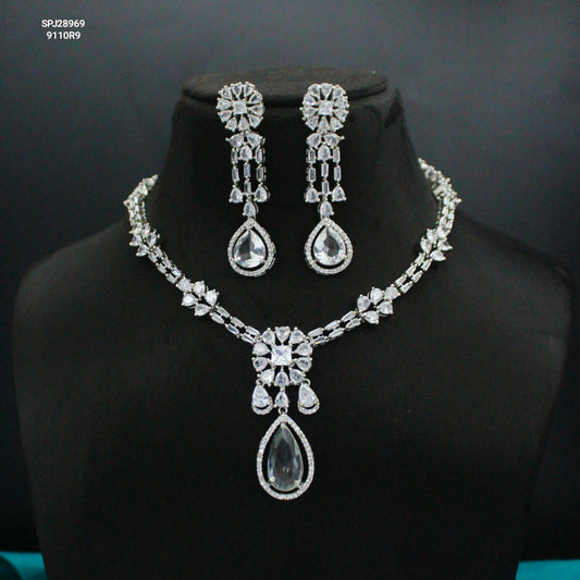 Platinum Full White Drop & Hanging Short Necklace Set with Pushback Earrings SP-28969