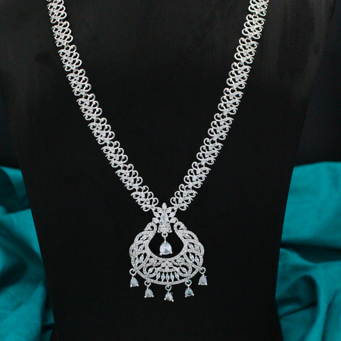 15635 Platinum Full White Long Necklace Set With Push Back Earrings