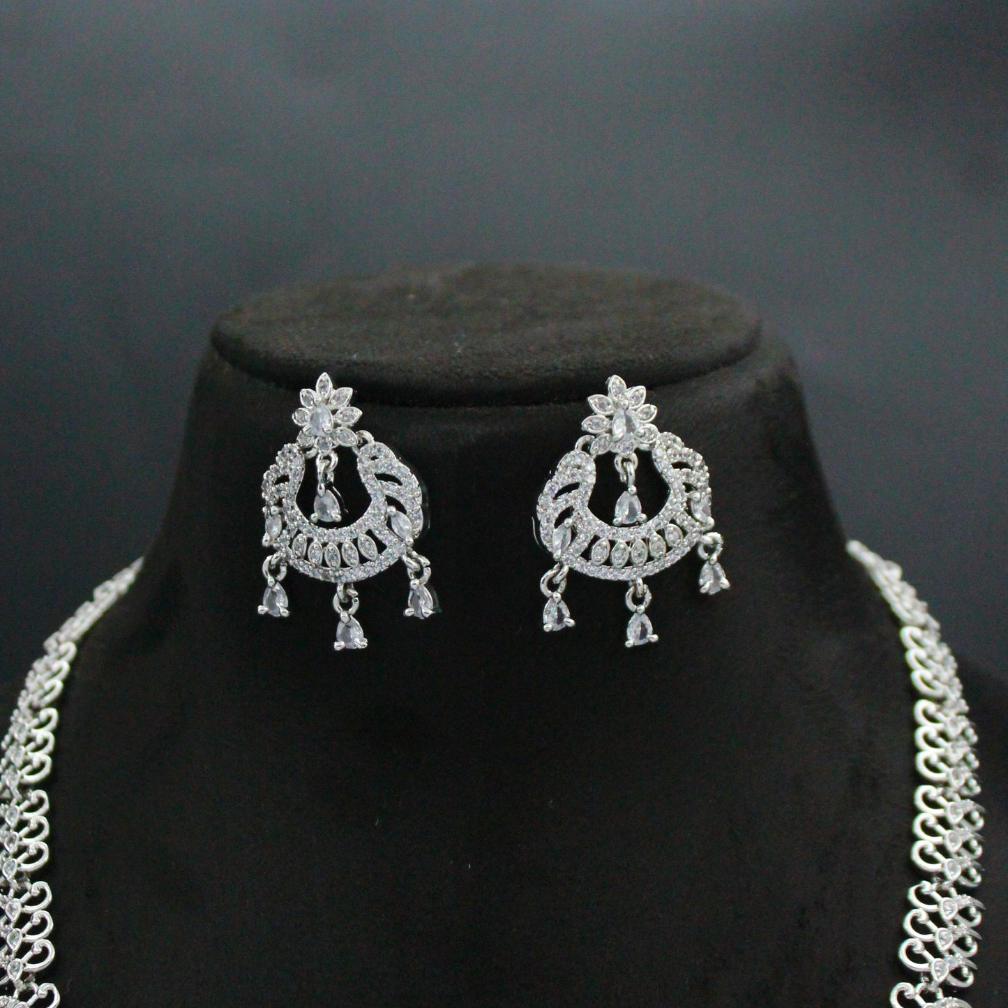 15635 Platinum Full White Long Necklace Set With Push Back Earrings
